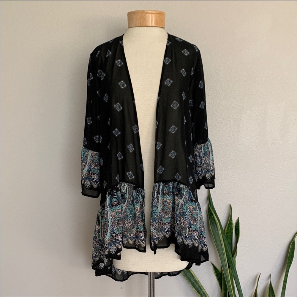 Annianna woman’s Ruffle paisley black cover up Kimono size M